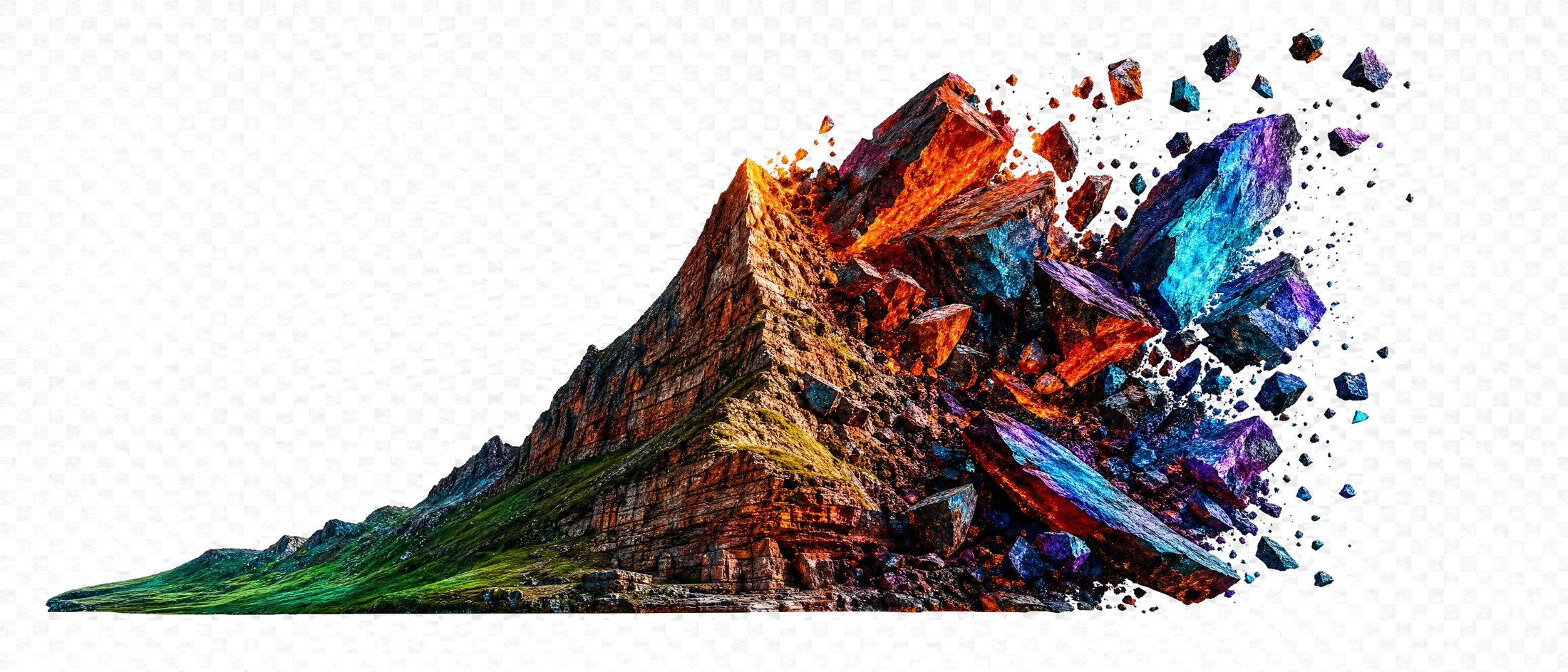 A ridge of rock and grass, its far slope hurled upward as broken slabs.
