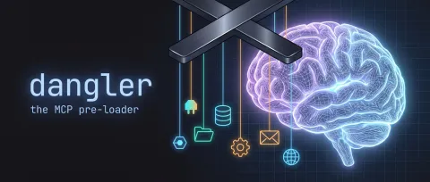 Dangler — the MCP pre-loader: a puppeteer control bar dangling glowing MCP tool modules in front of a wireframe AI brain