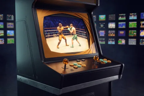 The Cabinet desktop app running a 3D boxing match full-screen on an arcade cabinet, with the mirrored Zero-Shot Games library glowing on the wall behind it.