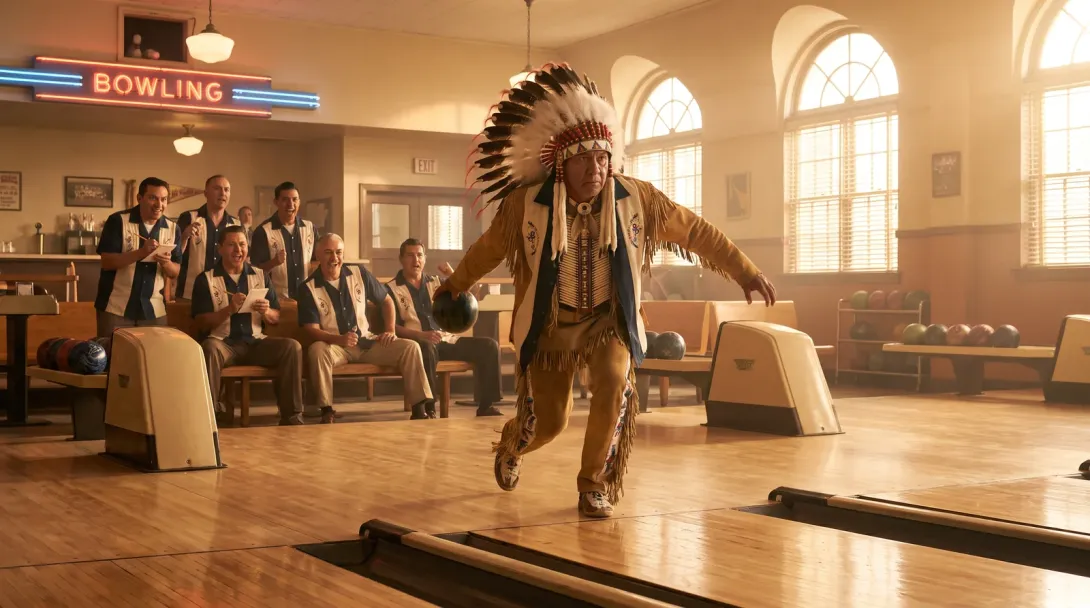 A bowling alley at golden hour, the chief mid-delivery at the foul line while his league team keeps score on the bench behind him.