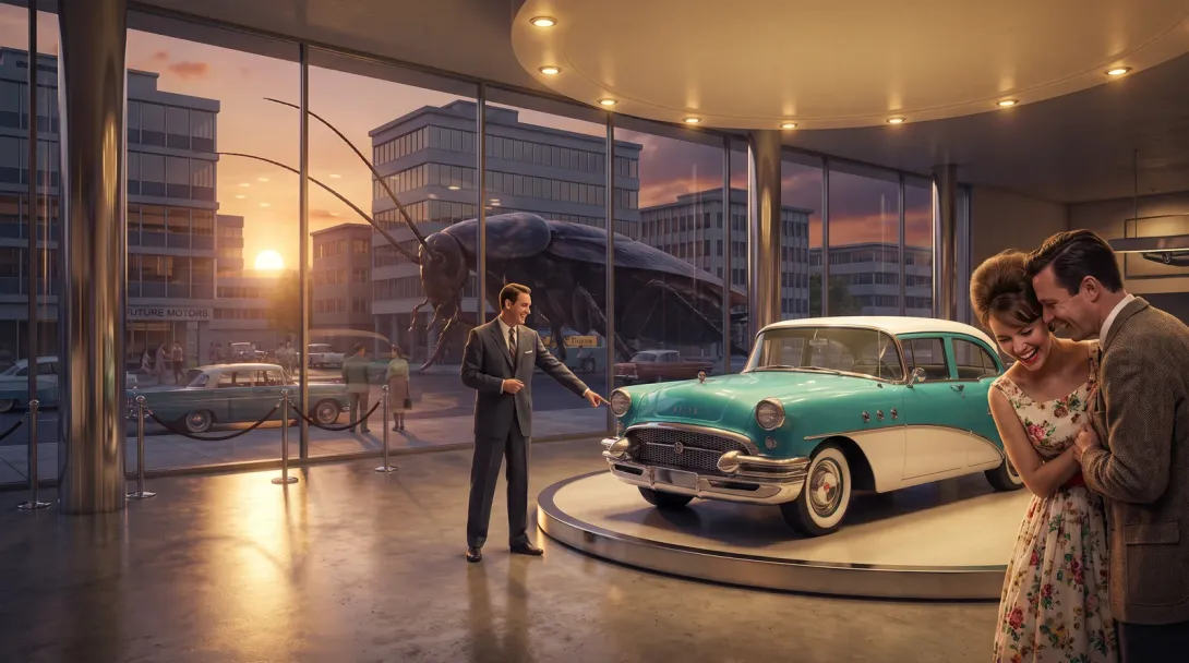 A car showroom at dusk, the new model turning on its dais, the thing crossing the plaza outside drawing no one's eye.